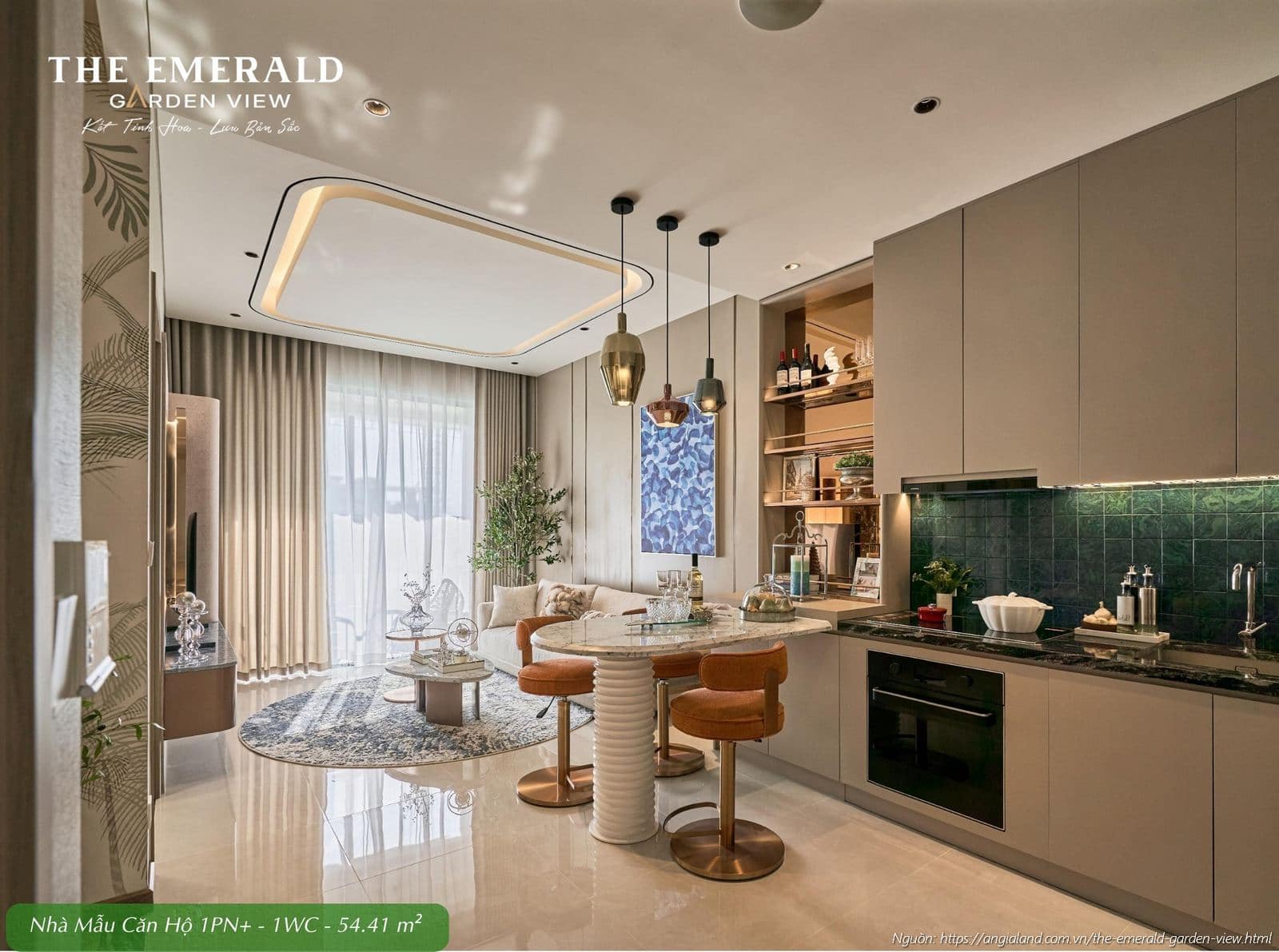 Thiết kế khu vực bếp hiện đại nhà mẫu căn hộ 1 phòng ngủ cộng diện tích 54.41m2 The Emerald Garden View