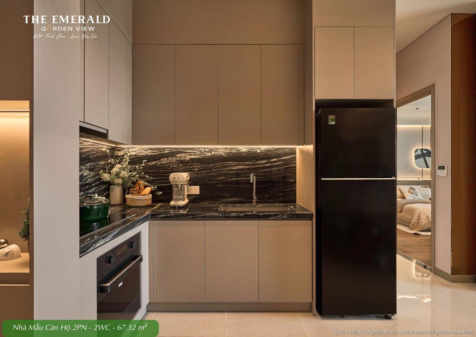 Thiết kế khu vực bếp hiện đại nhà mẫu căn hộ 2 phòng ngủ diện tích 67.32m2 The Emerald Garden View