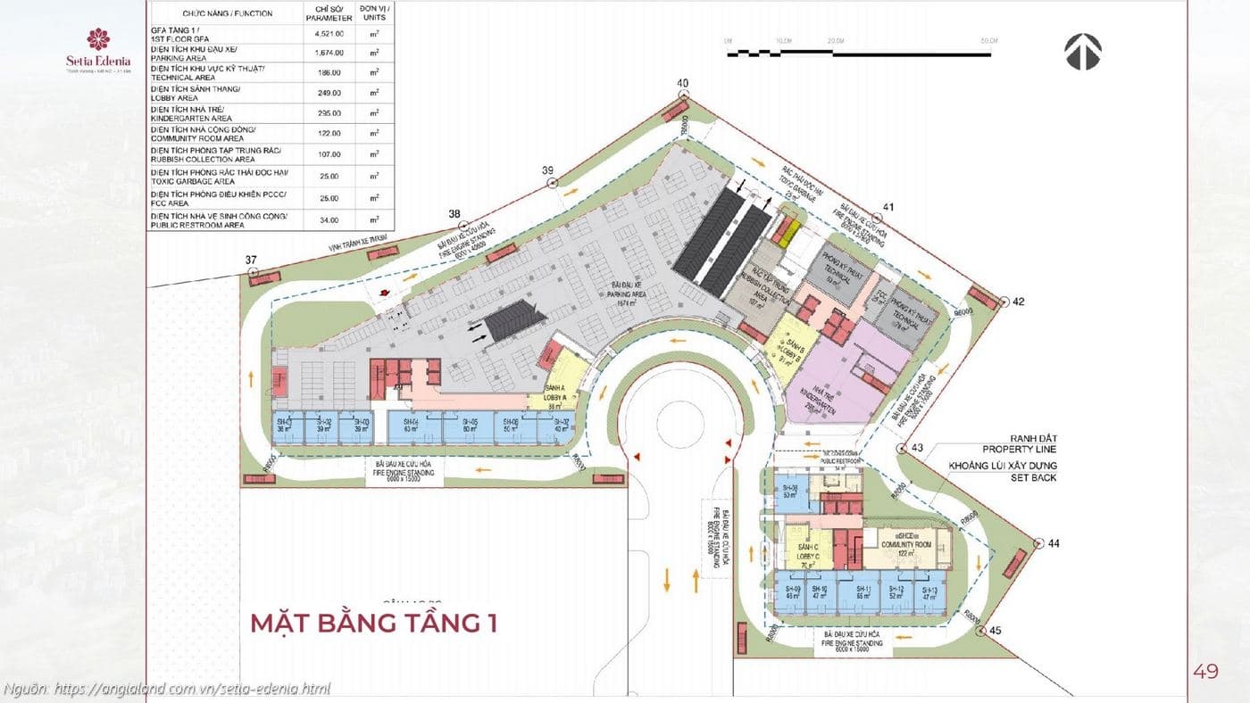 Mặt bằng tầng 1 (Tầng trệt) dự án Setia Edenia Lái Thiêu (Shophouse, Sảnh Lobby, Tiện ích)
