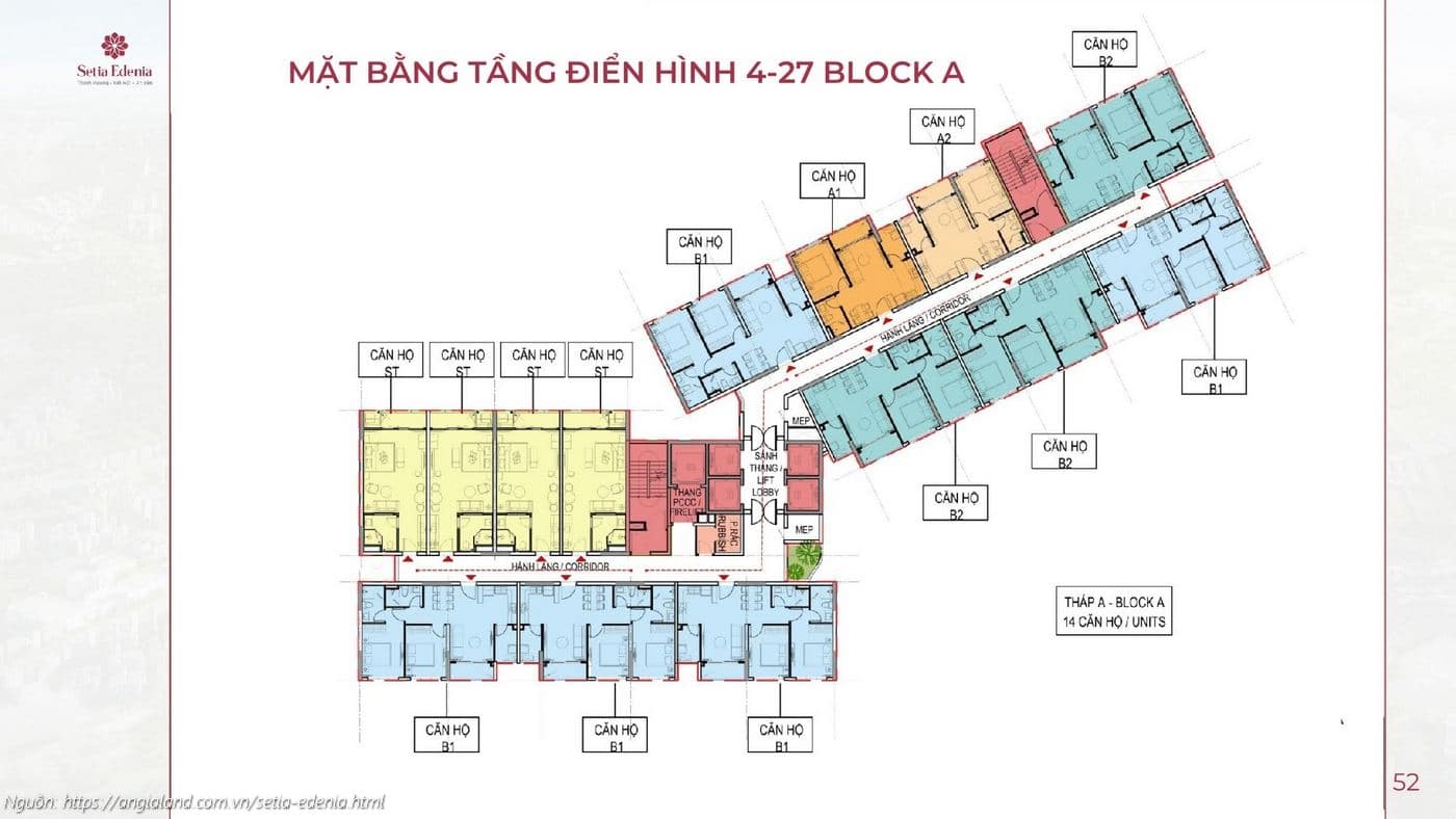 Mặt bằng tầng điển hình 4-27 Block A dự án Setia Edenia Lái Thiêu (14 căn hộ/tầng)
