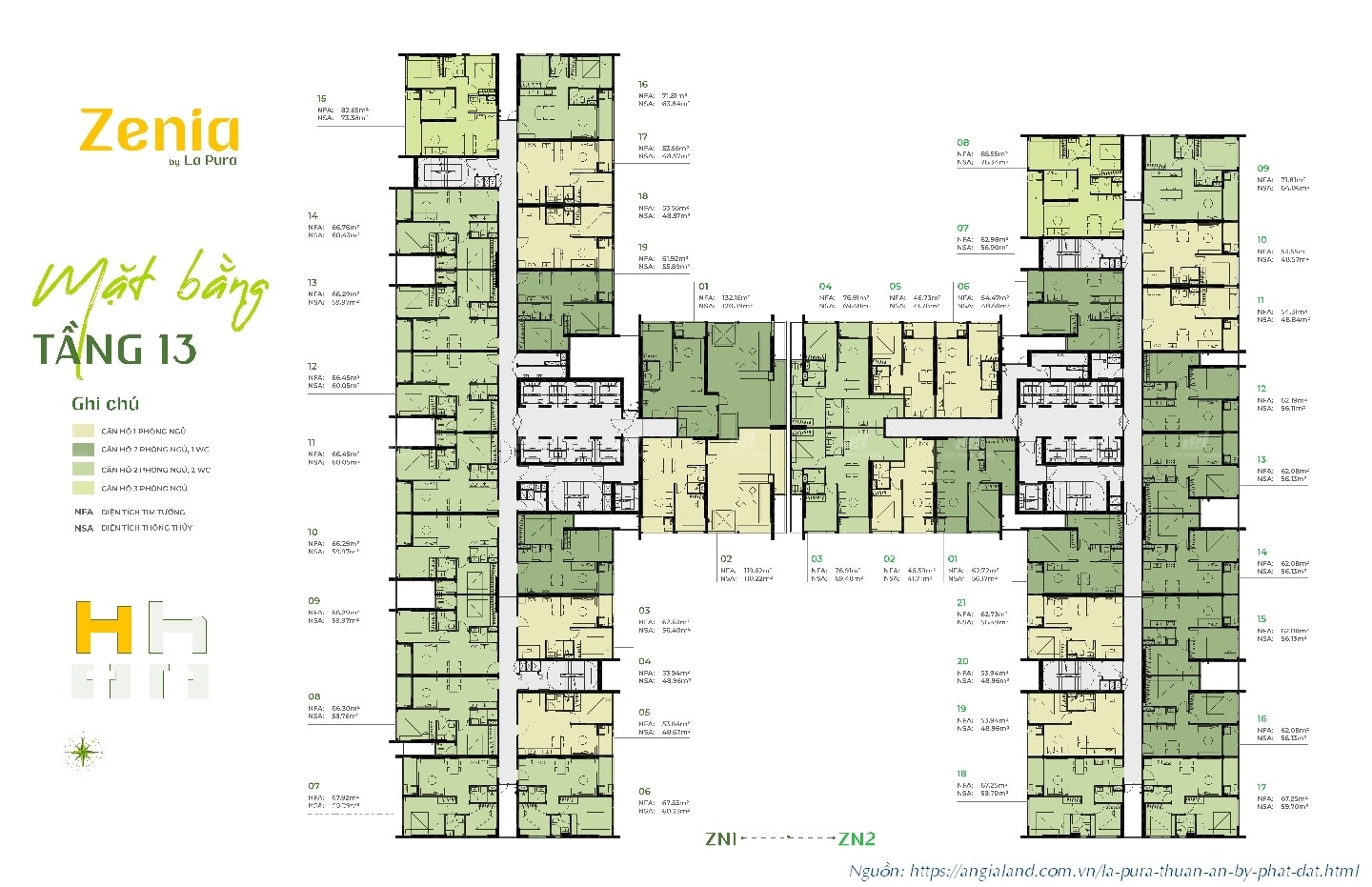 Mặt bằng tầng tháp Zenia (Zanica) dự án La Pura (Lapura) Phát Đạt - Tầng 13