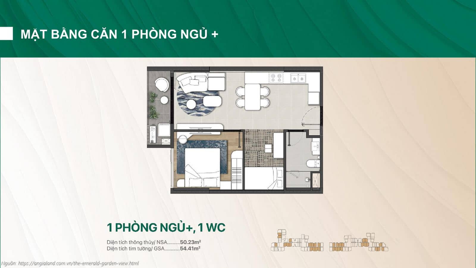Mặt bằng thiết kế căn hộ 1 phòng ngủ + (1PN+) 1WC dự án The Emerald Garden View (Diện tích tim tường 54.41m²)