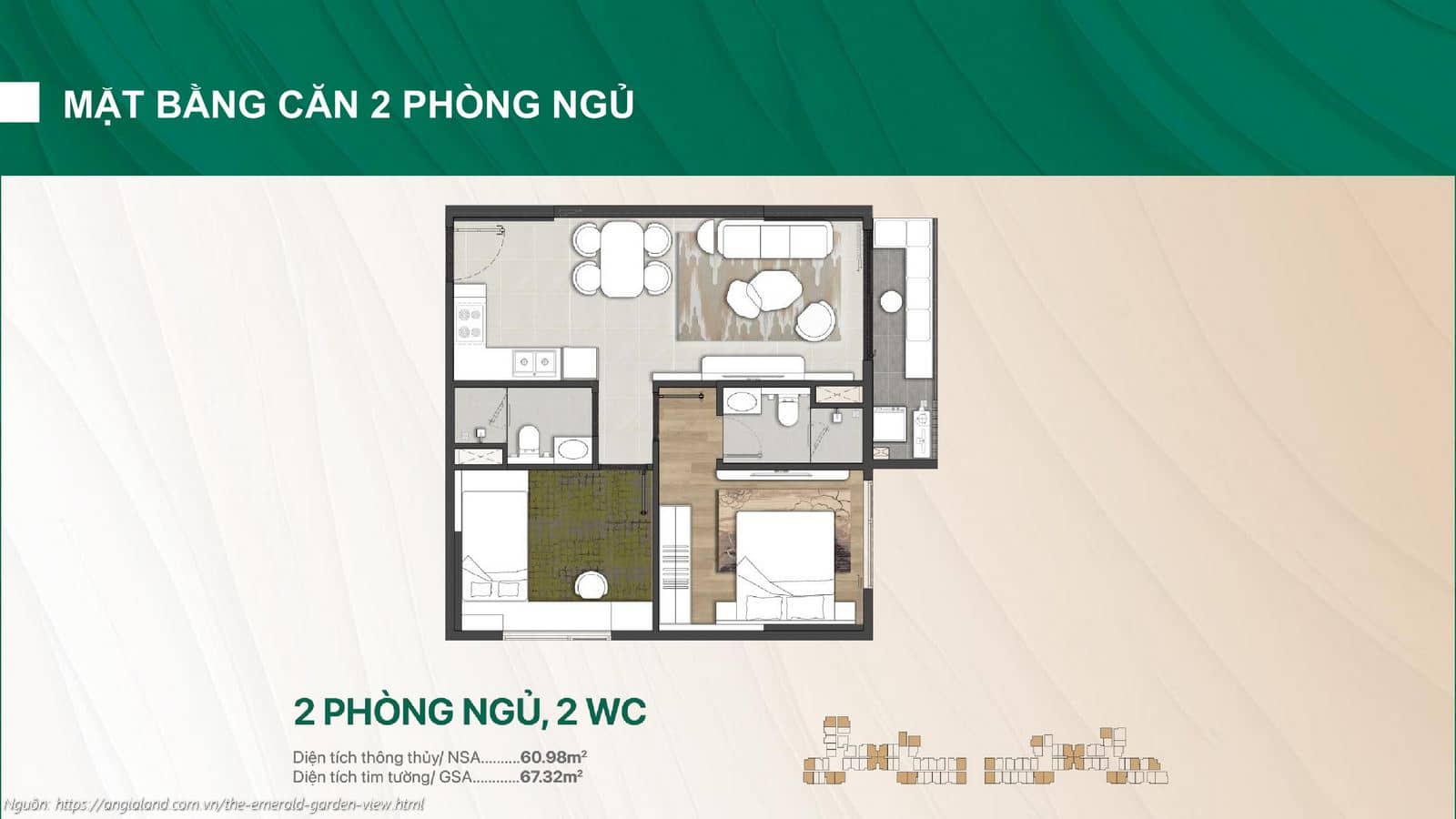 Mặt bằng thiết kế căn hộ 2 phòng ngủ (2PN) 2WC dự án The Emerald Garden View (Diện tích tim tường 67.32m²)
