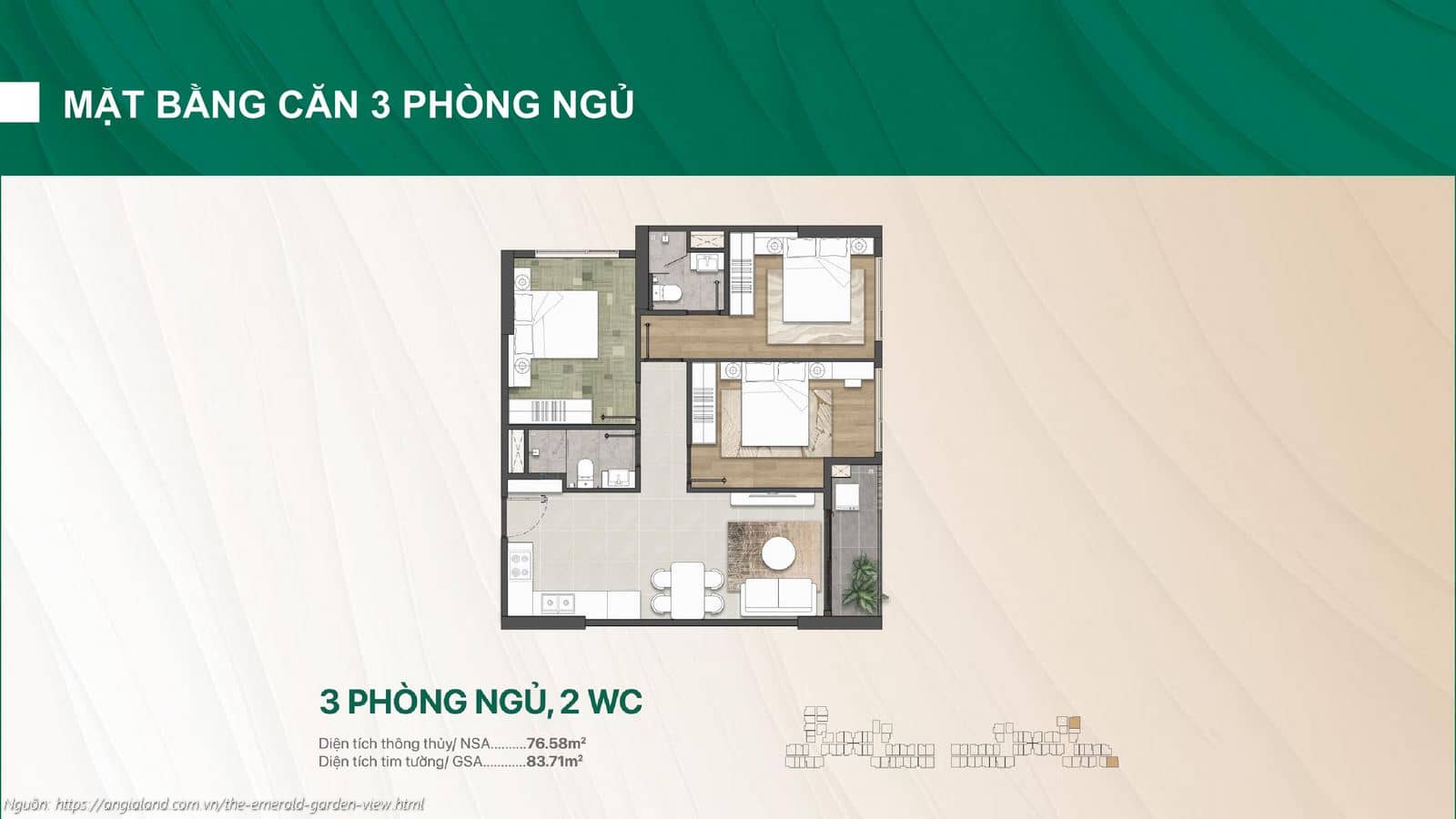 Mặt bằng thiết kế căn hộ 3 phòng ngủ (3PN) 2WC dự án The Emerald Garden View (Diện tích tim tường 83.71m²)