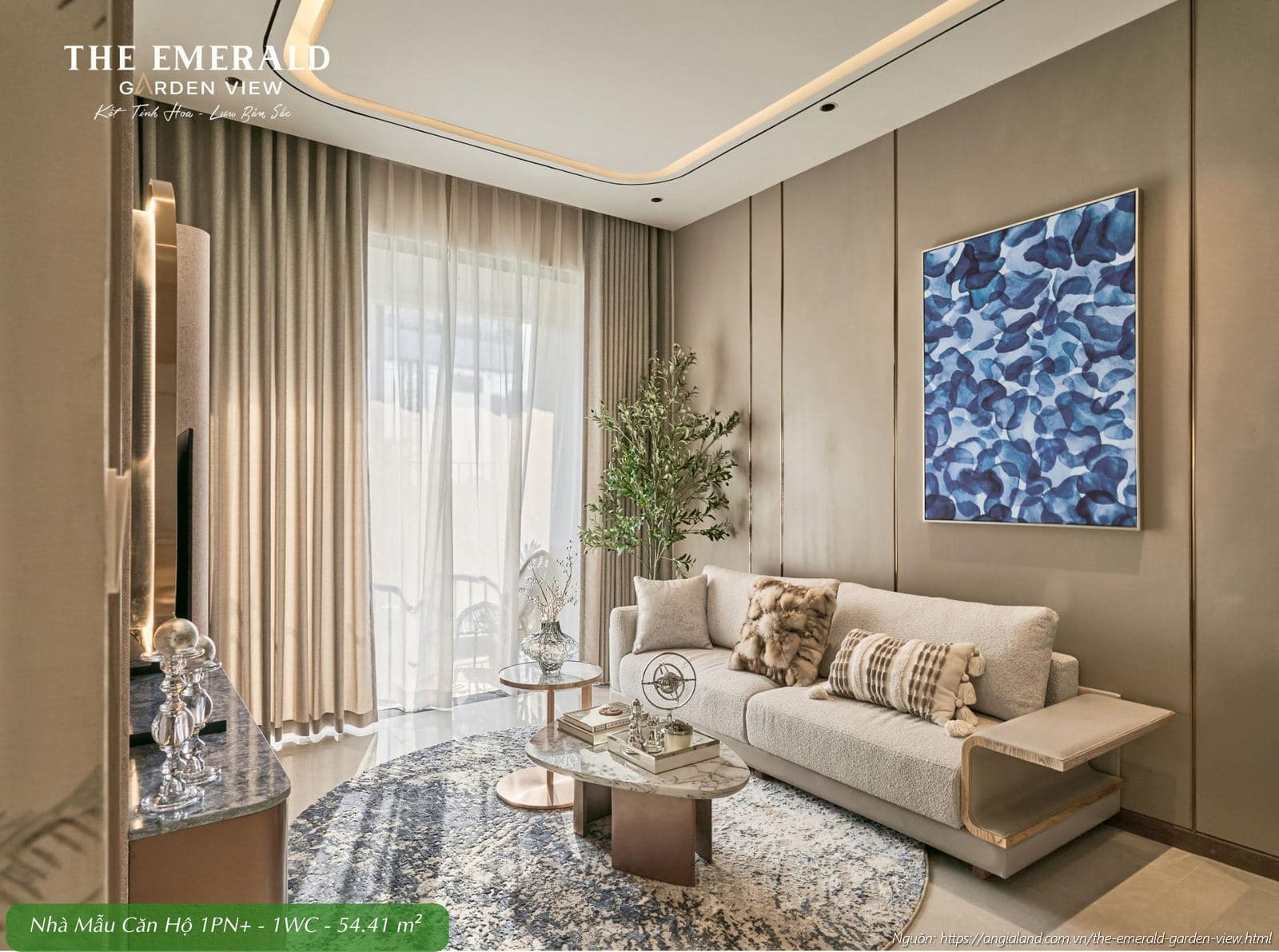 Nội thất phòng khách sang trọng tại nhà mẫu căn hộ 1 phòng ngủ cộng diện tích 54.41m2 The Emerald Garden View