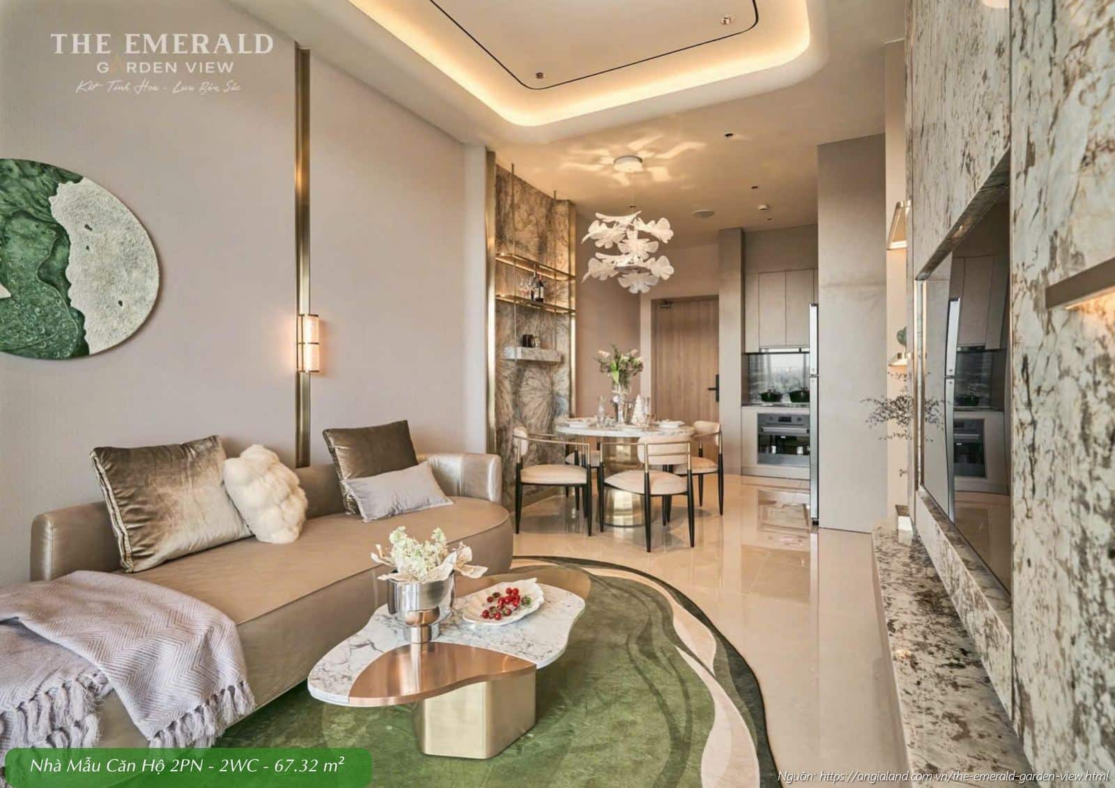 Không gian phòng khách rộng rãi nhà mẫu căn hộ 2 phòng ngủ diện tích 67.32m2 The Emerald Garden View