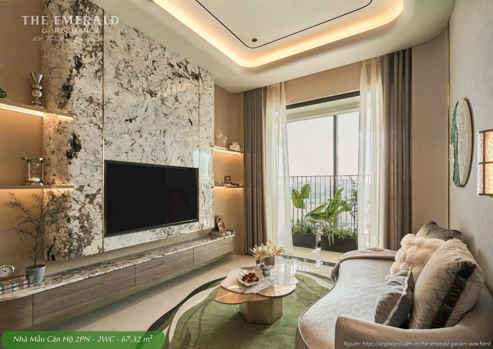 Không gian phòng khách rộng rãi nhà mẫu căn hộ 2 phòng ngủ diện tích 67.32m2 The Emerald Garden View