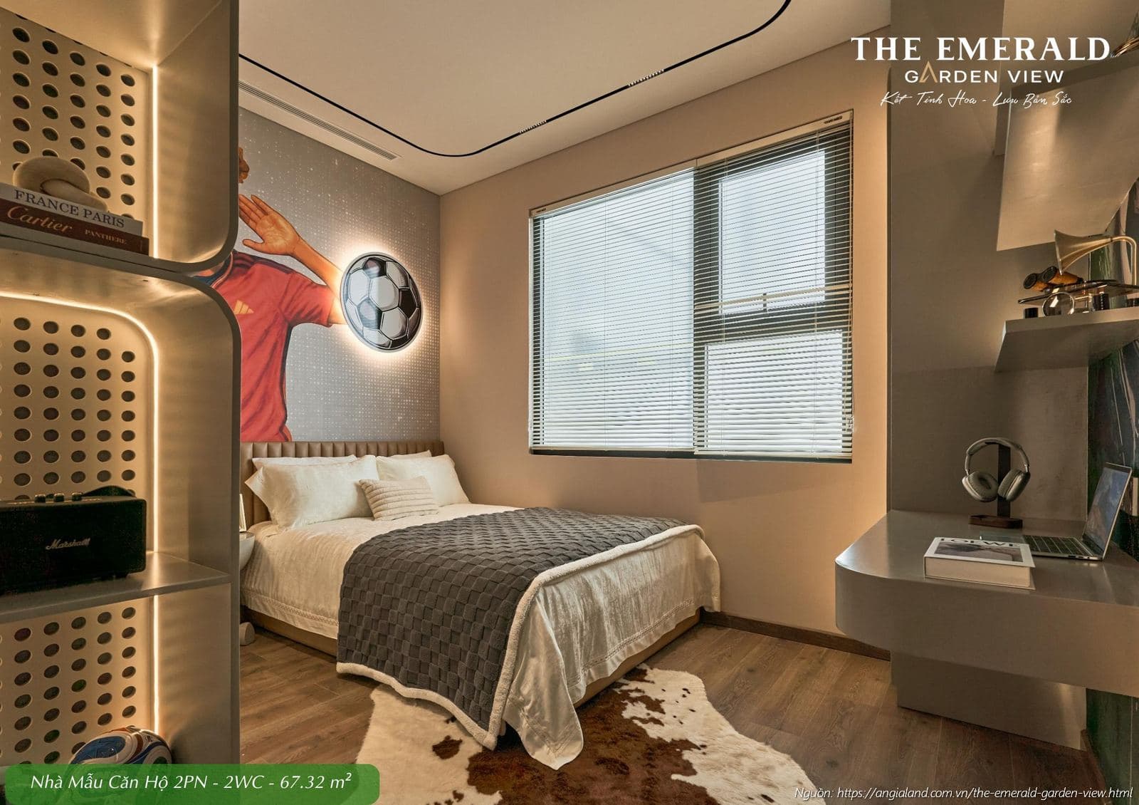 Phòng ngủ phụ (Phòng ngủ 2) tại nhà mẫu căn hộ 2 phòng ngủ diện tích 67.32m2 The Emerald Garden View