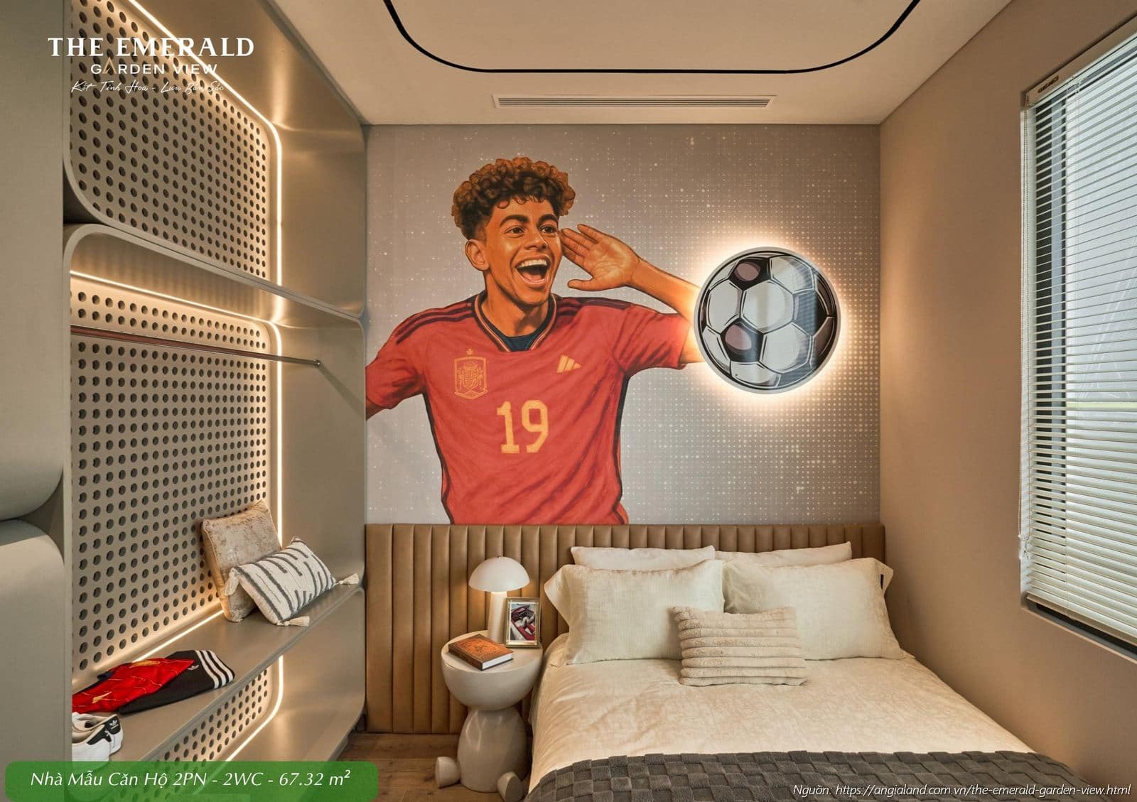 Phòng ngủ phụ (Phòng ngủ 2) tại nhà mẫu căn hộ 2 phòng ngủ diện tích 67.32m2 The Emerald Garden View